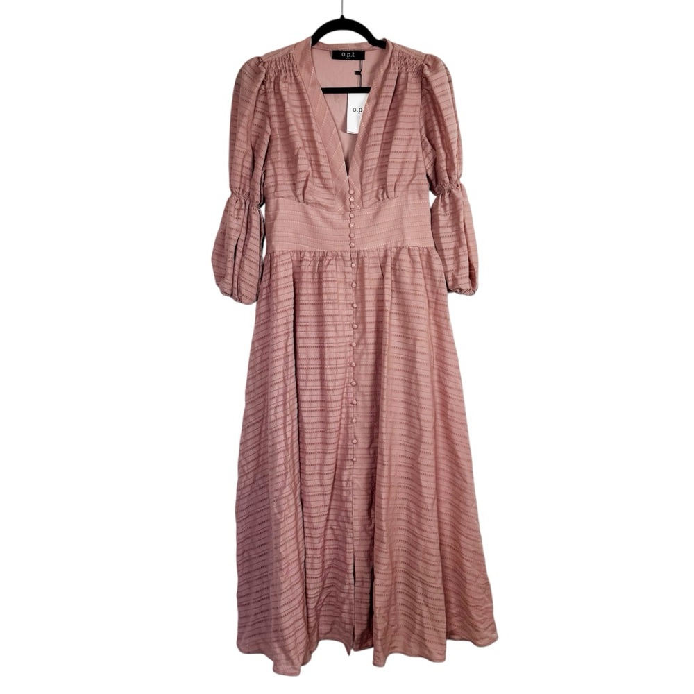 OPT Dress Romantic Puff Sleeve V Neck Button Front Midi NEW